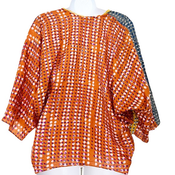 Anthropologie Silk Sanchita Placed Pixels Blouse Boxy Top Drop Raw Edge Sz L - Picture 5 of 12